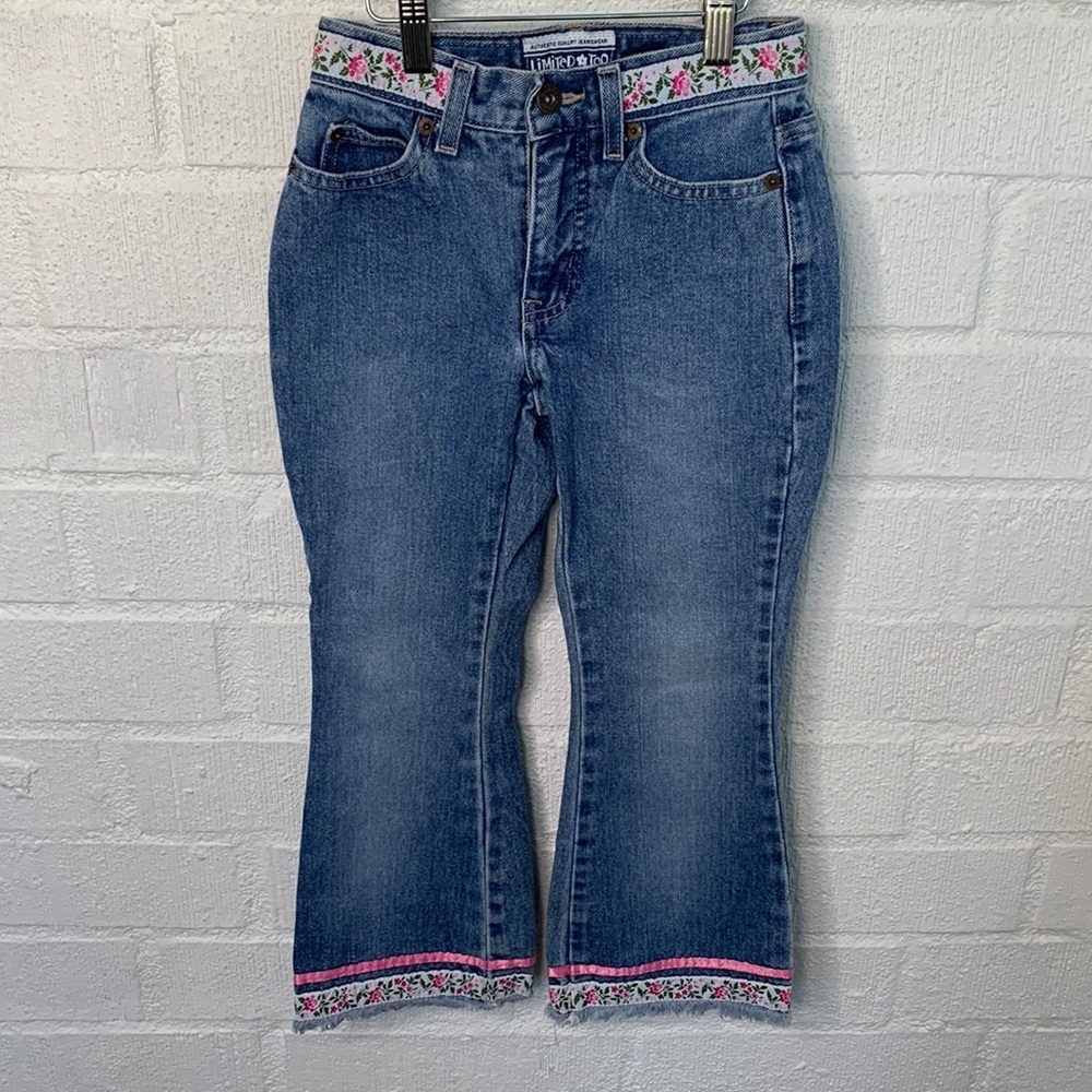 Limited Too Patch Floral Raw Hem Denim Cotton Bell Bottom Girl Kids Jeans size 6